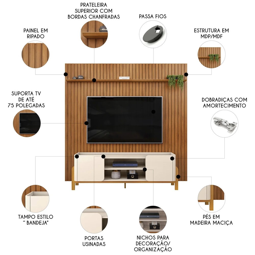 Painel TV 75 Pol Ripado 250cm e Bancada Chest D04 Off/Freijó - Mpozenato