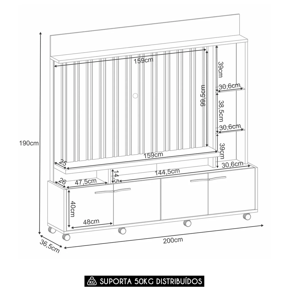Estante Painel de TV 60 Pol 200cm Natan H01 Castanho/Off White - Mpozenato