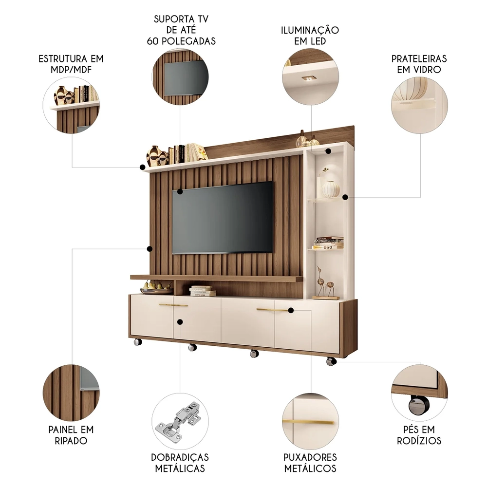 Estante Painel de TV 60 Pol 200cm Natan H01 Castanho/Off White - Mpozenato