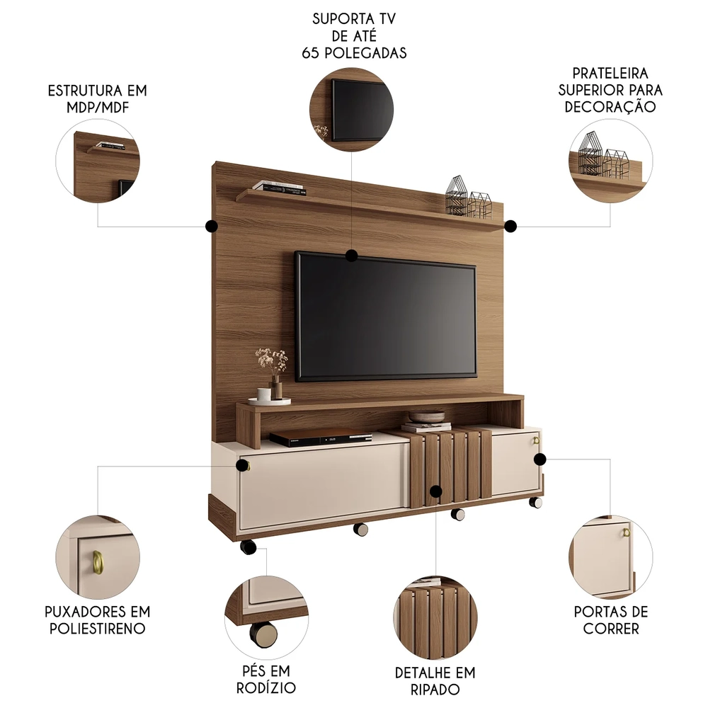 Estante Painel de TV 65 Pol 180cm Cloe H01 Castanho/Off White - Mpozenato