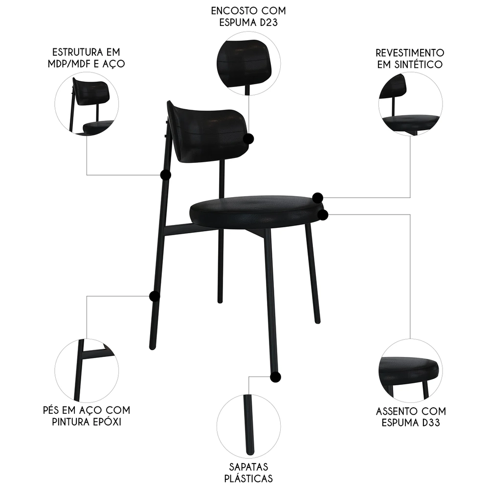 Cadeira de Jantar Estofada Kit 8 Nyka M25 Sintético Preto - Mpozenato