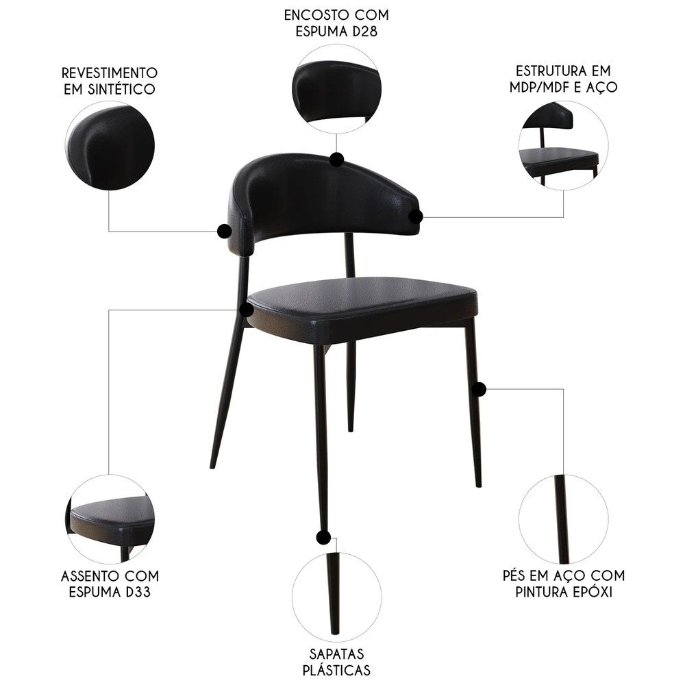 Cadeira de Jantar Estofada Fixa Chloe M25 Sintético Preto - Mpozenato