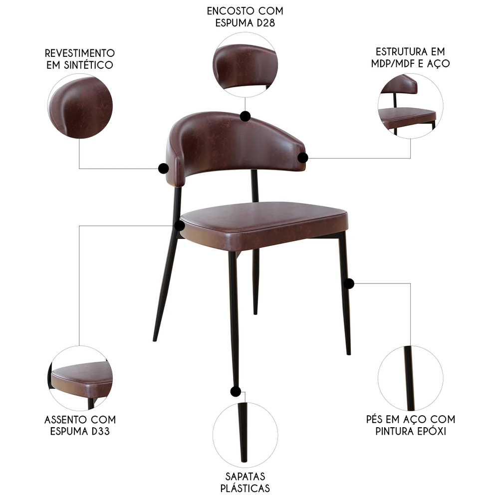 Cadeira de Jantar Estofada Kit 2 Chloe M25 Sintético Café - Mpozenato