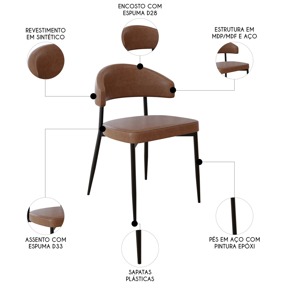 Cadeira de Jantar Estofada Kit 2 Chloe M25 Sintético Marrom - Mpozenato