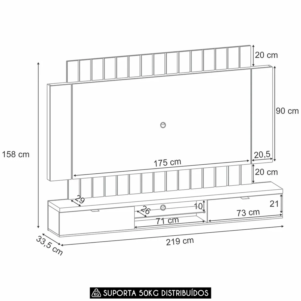 Painel TV 70 Pol 219cm Bancada Suspensa Illuna H01 Preto/Castanho - Mpozenato