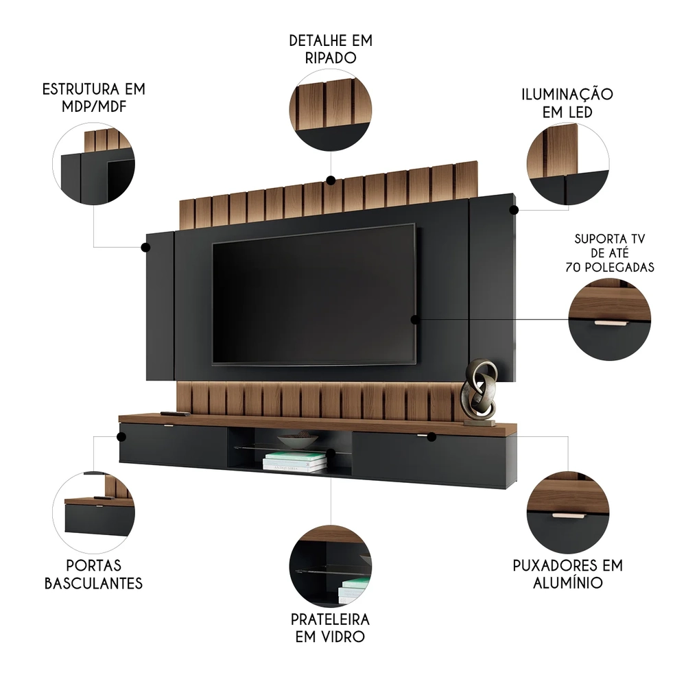 Painel TV 70 Pol 219cm Bancada Suspensa Illuna H01 Preto/Castanho - Mpozenato