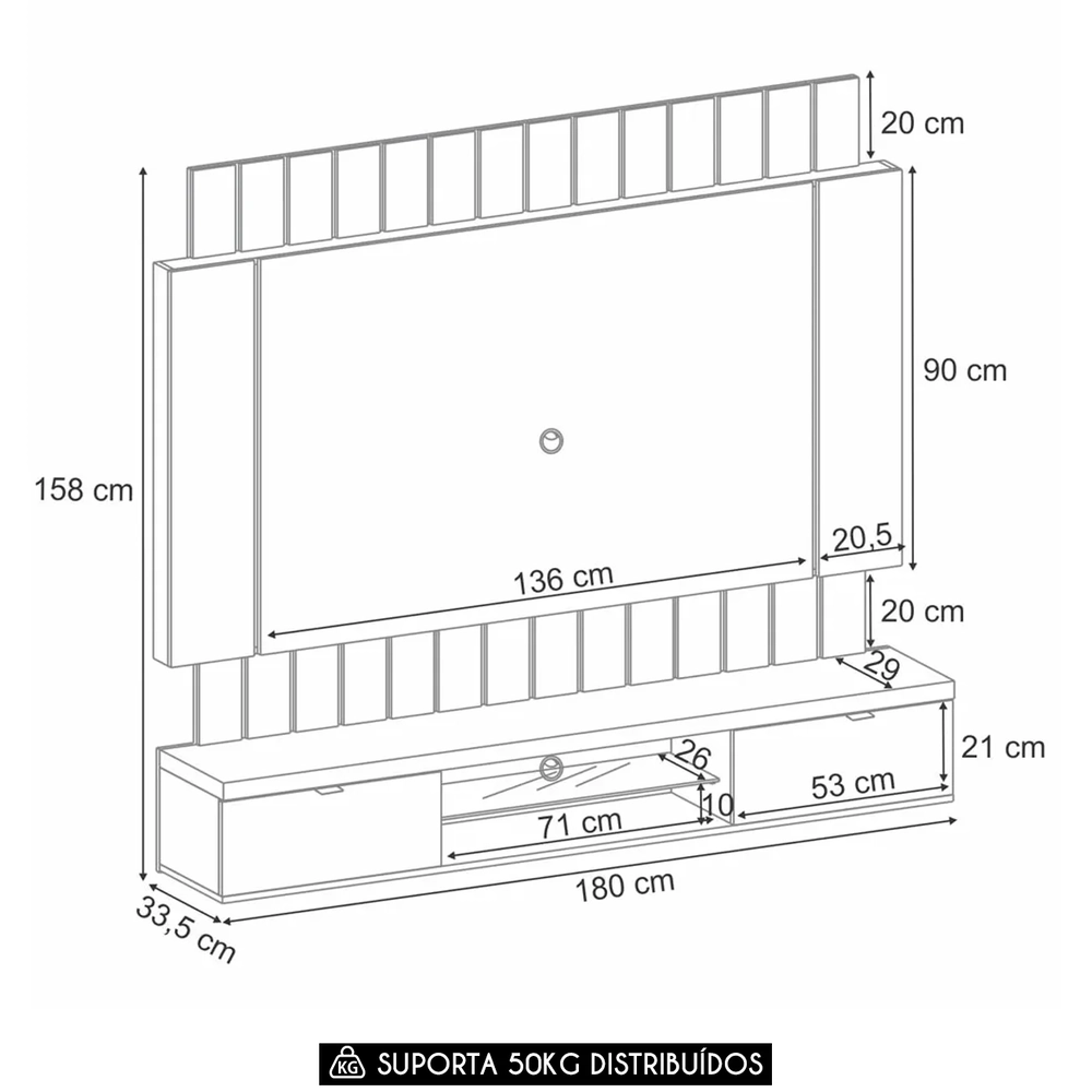 Painel TV 55 Pol 180cm Bancada Suspensa Illuna H01 Preto/Castanho - Mpozenato