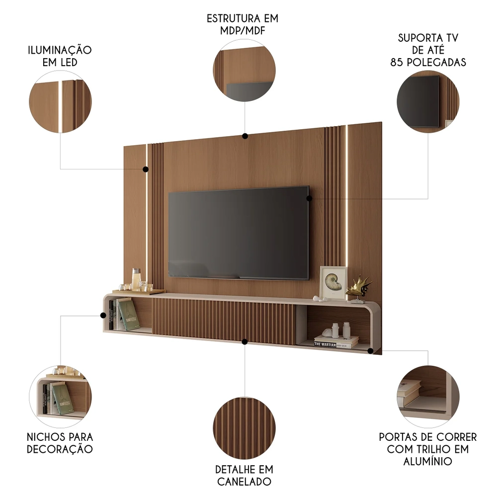 Painel TV 85 Pol 219cm Bancada Suspensa Vivaz H01 Off/Castanho - Mpozenato