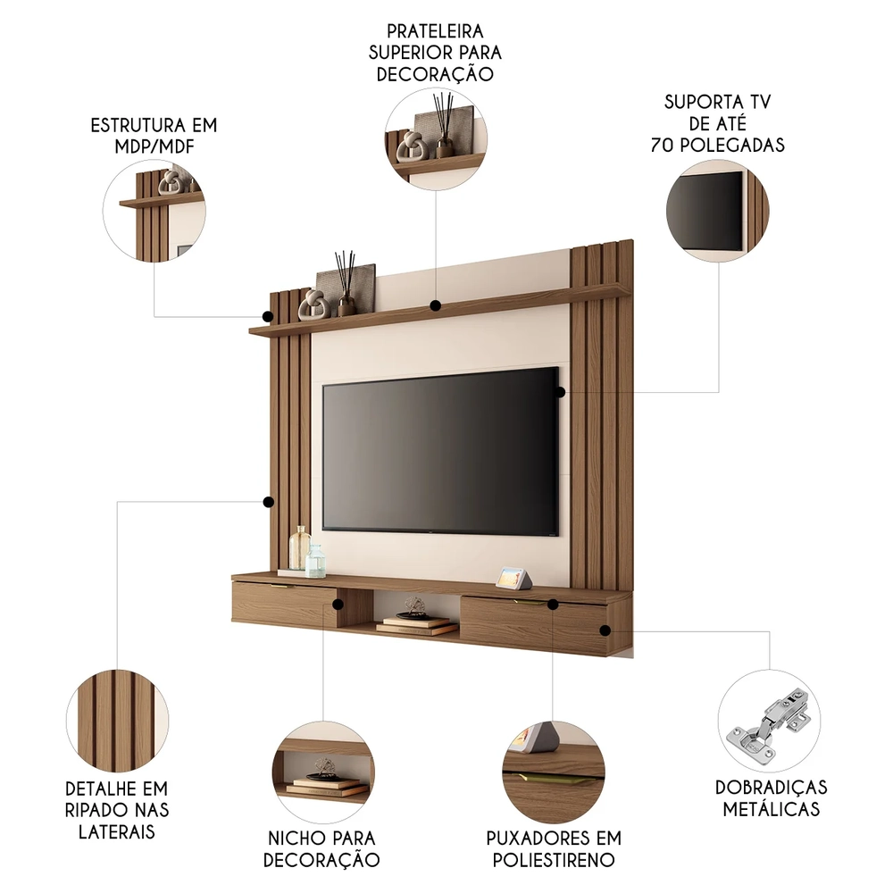 Painel TV 70 Pol 180cm Bancada Suspensa Solle H01 Off/Castanho - Mpozenato
