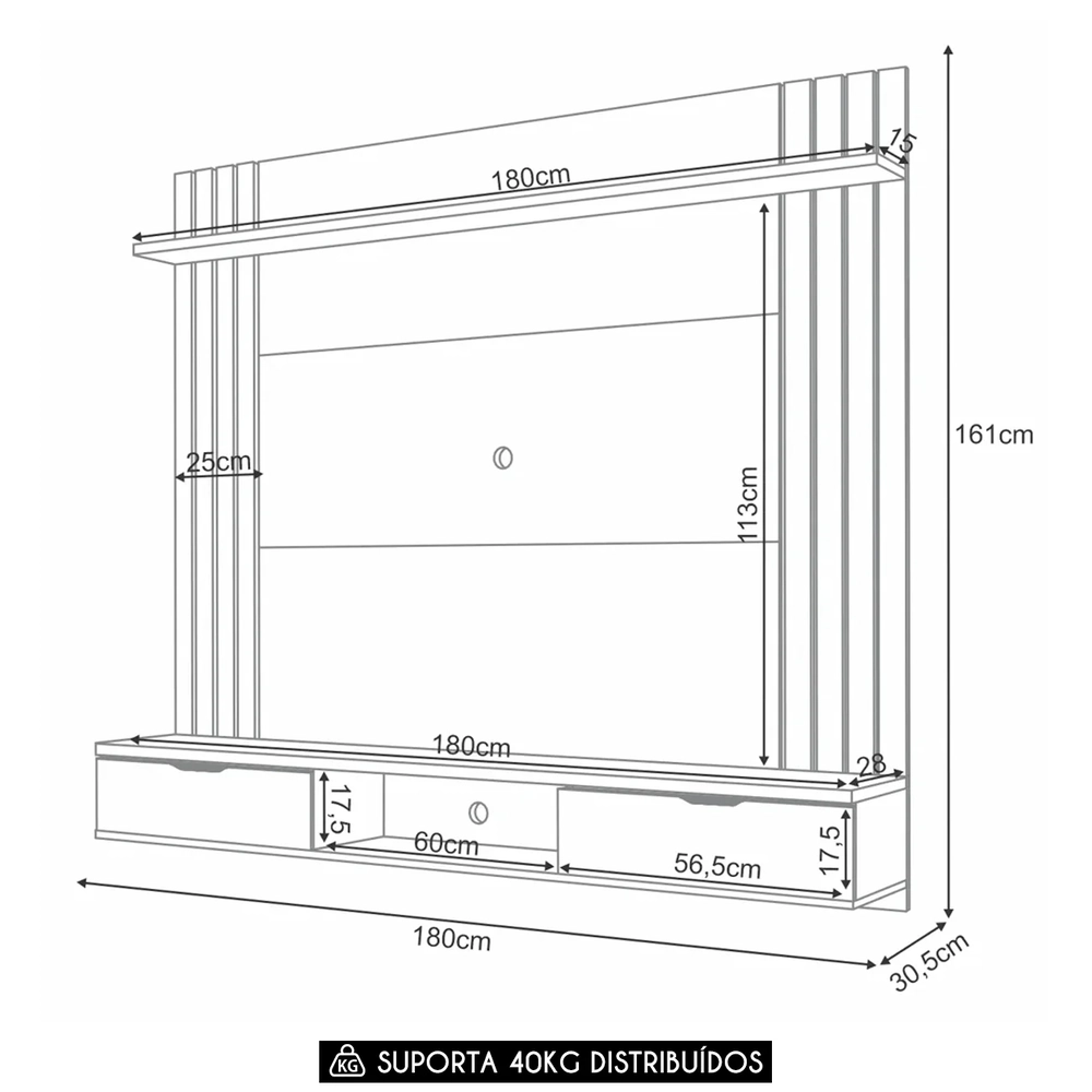 Painel TV 70 Pol 180cm Bancada Suspensa Solle H01 Off/Castanho - Mpozenato
