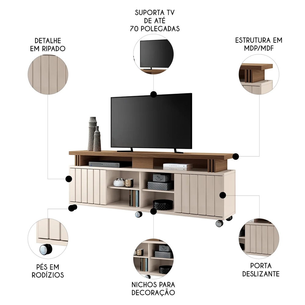 Rack Bancada de TV 70 Pol 180cm Briz H01 Castanho/Off White - Mpozenato