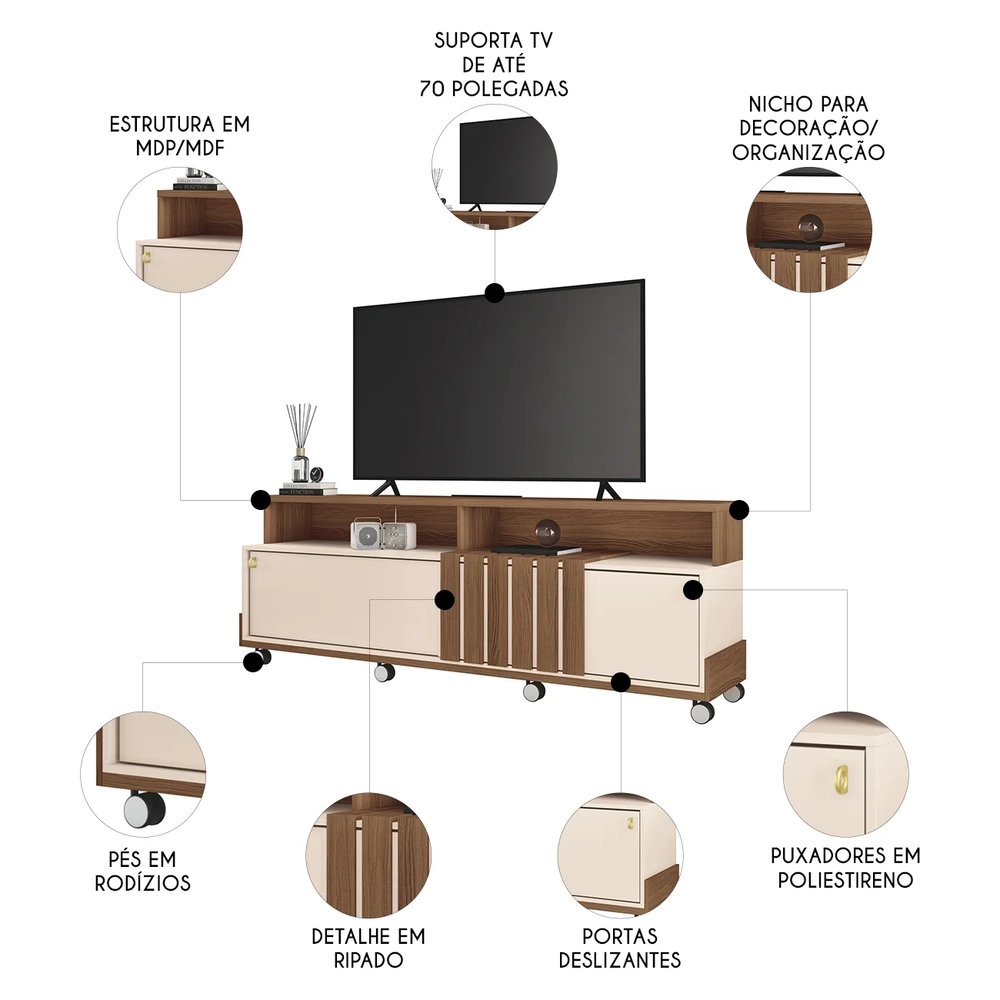 Rack Bancada de TV 70 Pol 180cm Analu H01 Castanho/Off White - Mpozenato