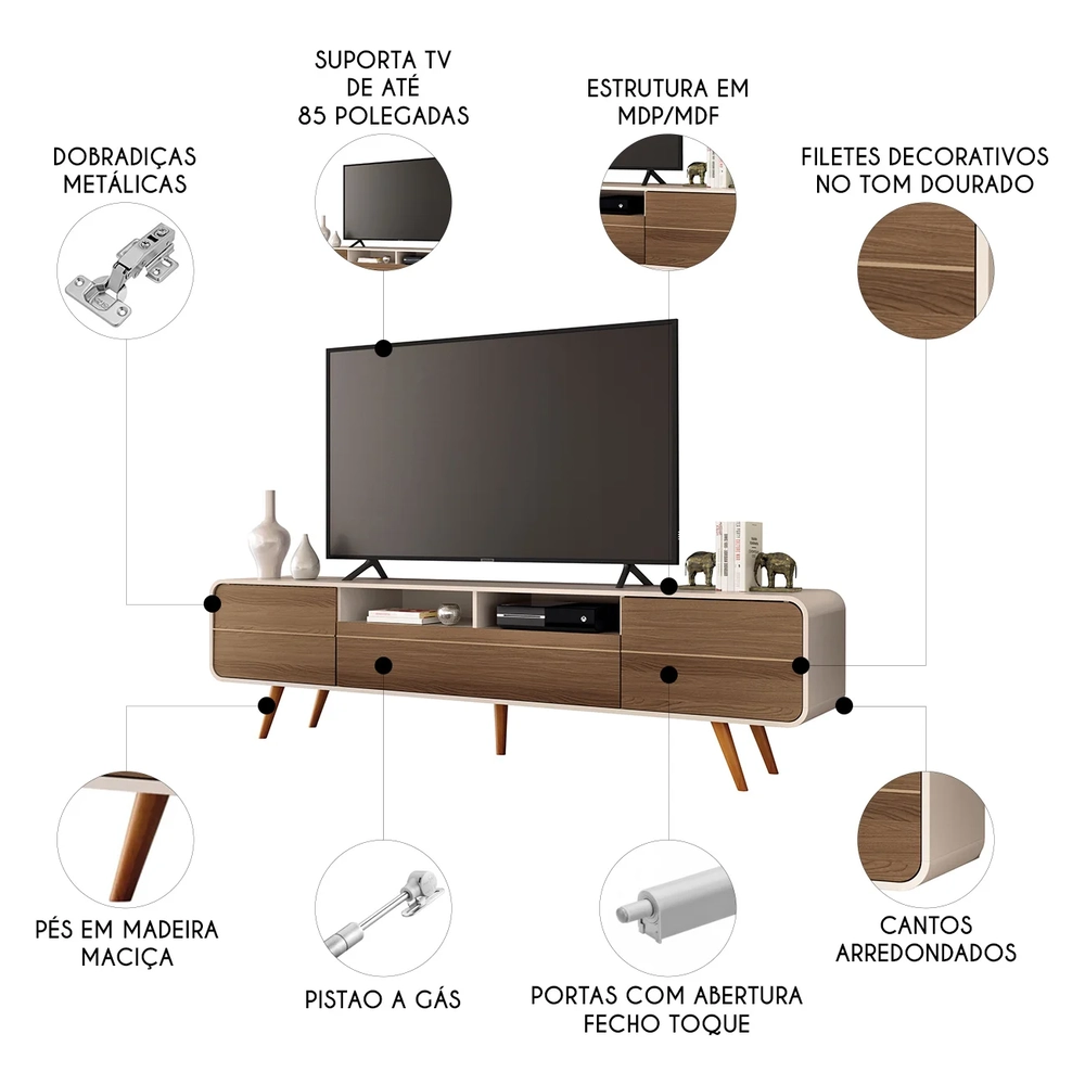 Rack Bancada de TV 85 Pol 220cm Áureo H01 Castanho/Off - Mpozenato