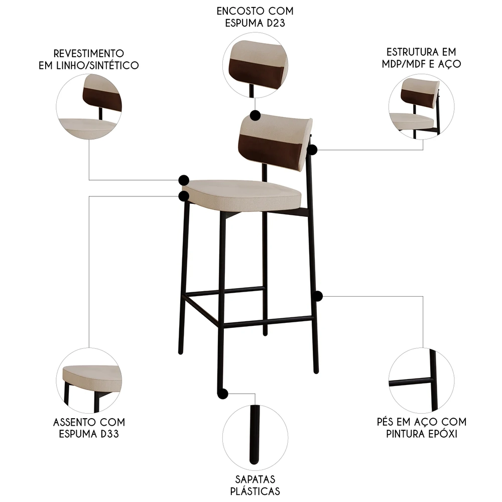 Banqueta Alta Bar Estofada Kit 4 Ella M25 Linho Areia/Marrom - Mpozenato