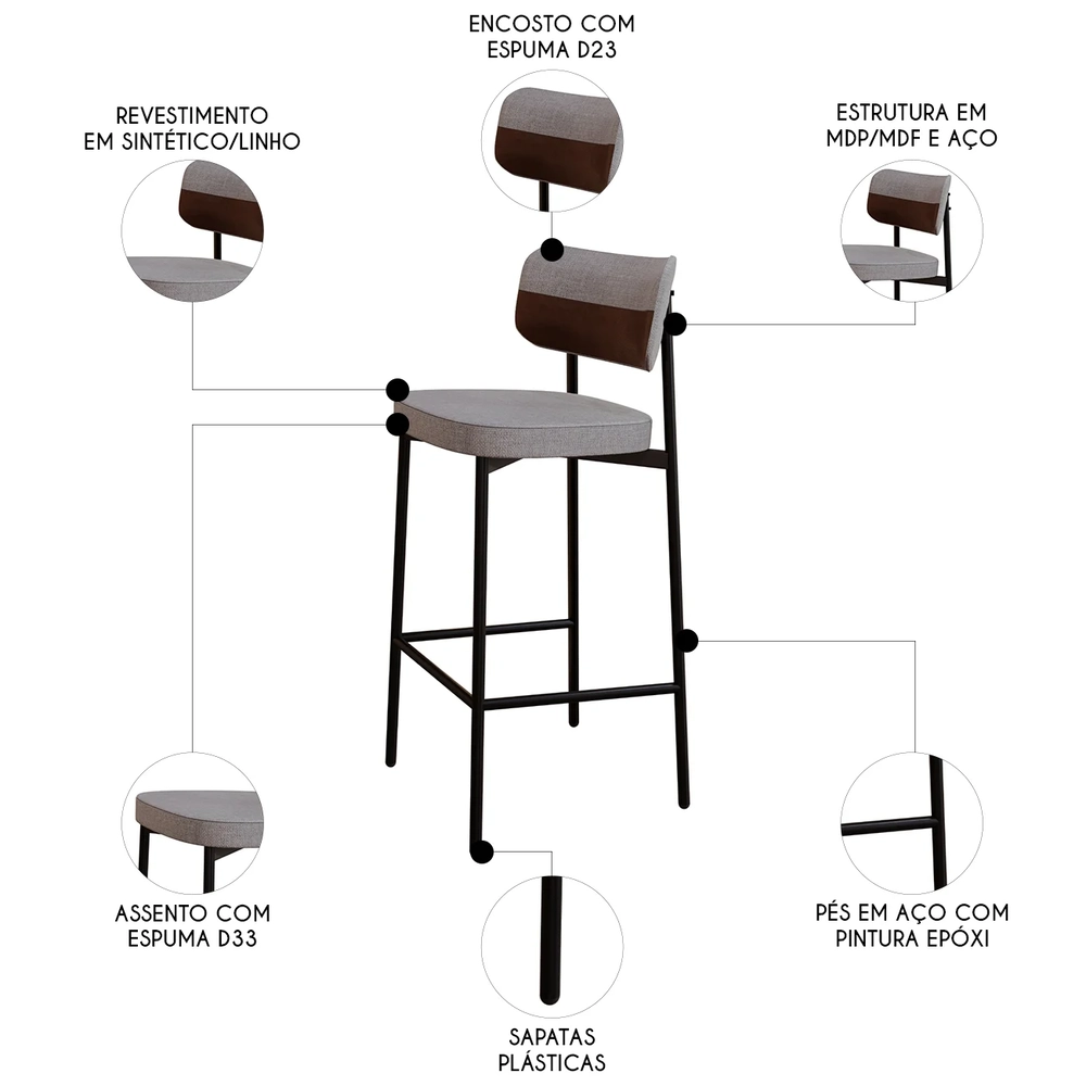 Banqueta Alta Bar Estofada Kit 4 Ella M25 Linho Cinza CL/Marrom - Mpozenato