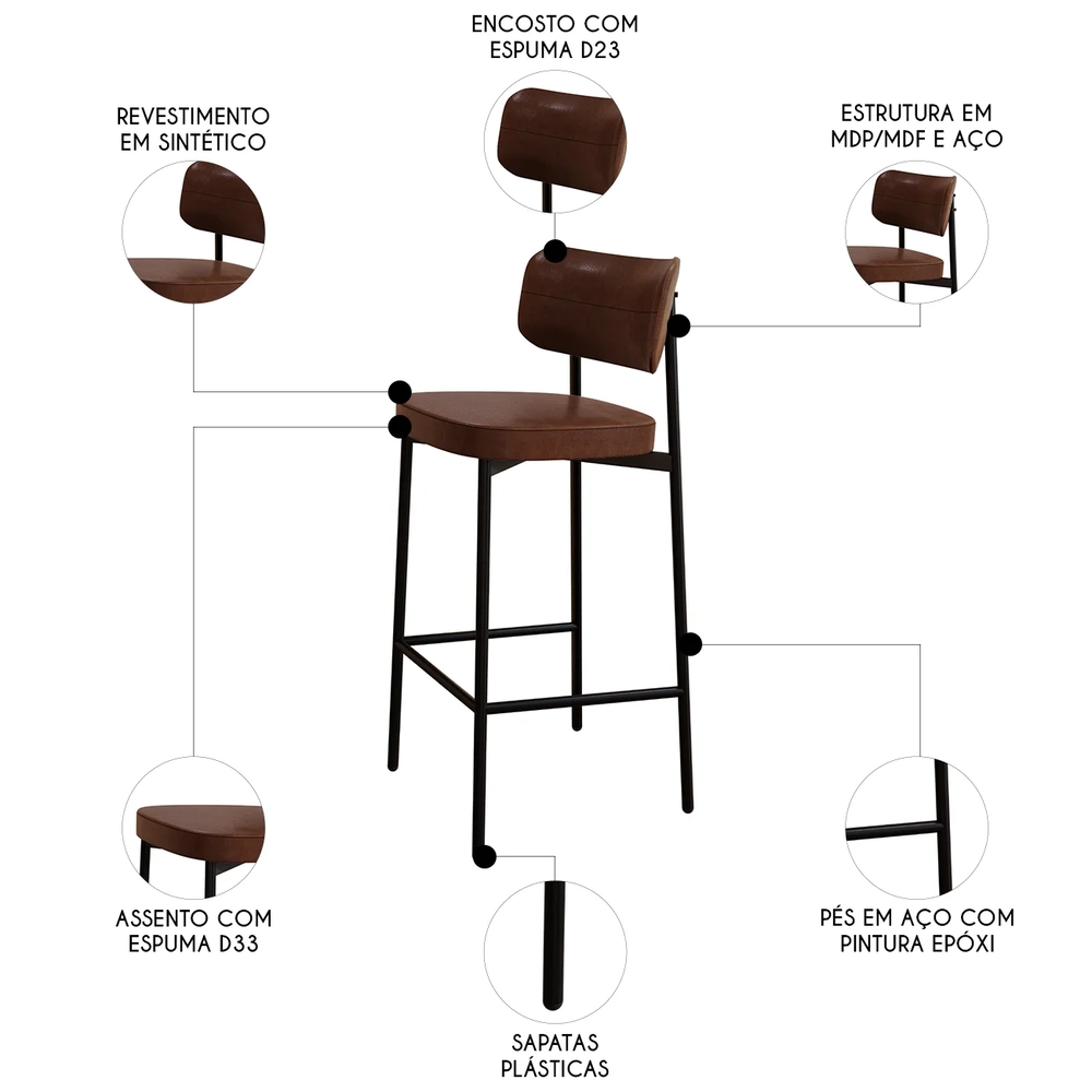 Banqueta Alta Bar Estofada Kit 2 Ella M25 Sintético Marrom - Mpozenato