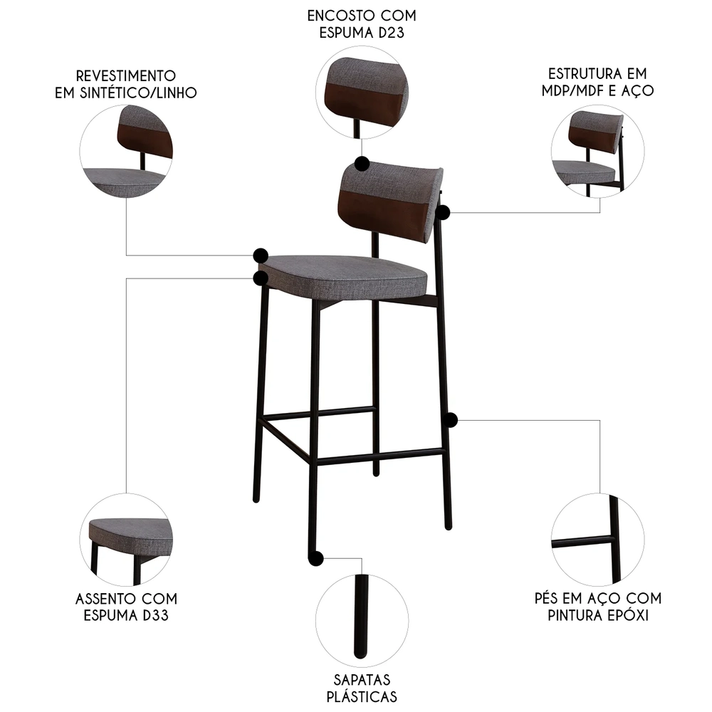 Banqueta Alta Bar Estofada Kit 6 Ella M25 Linho Cinza/Marrom - Mpozenato