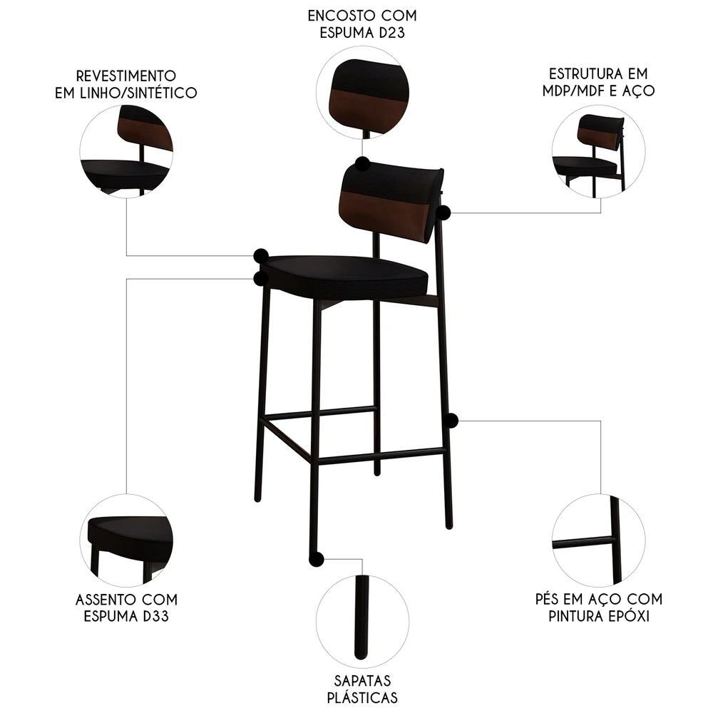 Banqueta Alta Bar Estofada Kit 6 Ella M25 Linho Preto/Marrom - Mpozenato