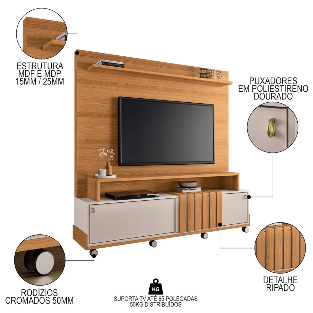 Estante Painel de TV 65 Pol 180cm Bold Cinamomo/Off White - HB Móveis