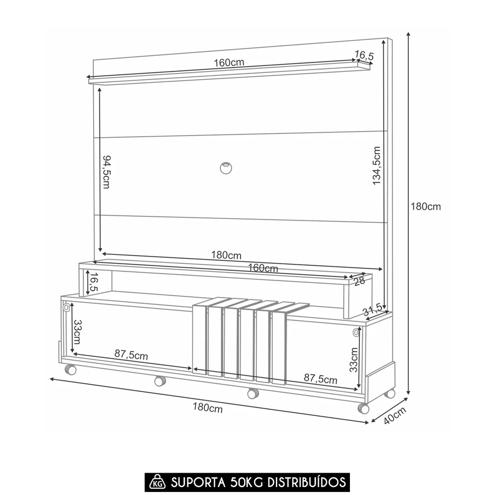 Estante Painel de TV 65 Pol 180cm 2 Portas Bold Castanho/Off White - HB Móveis