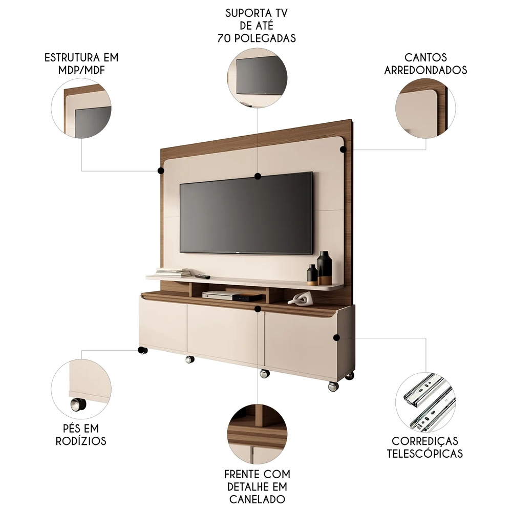 Estante Painel de TV 70 Pol 180cm Quantum Castanho/Off White - HB Móveis