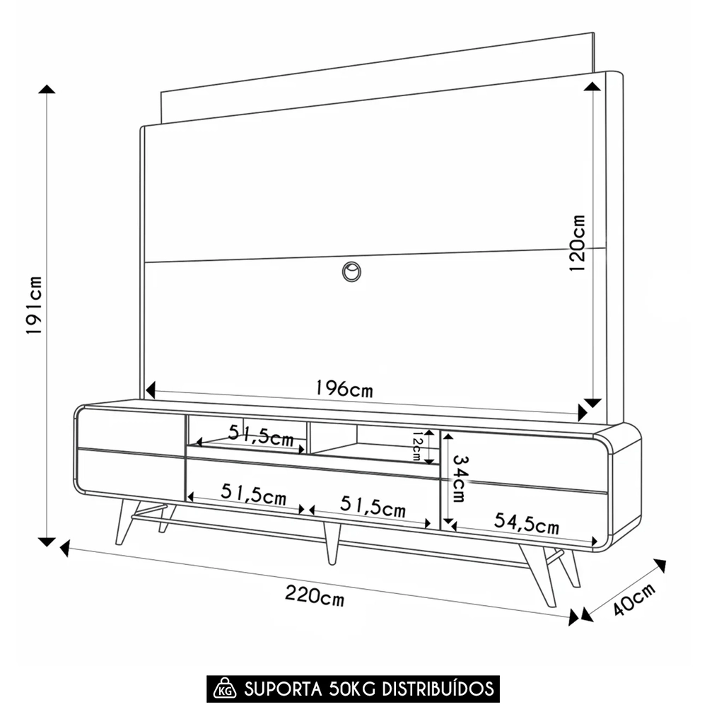 Estante Painel de TV 85 Pol 220cm Nobre Castanho/Off White - HB Móveis