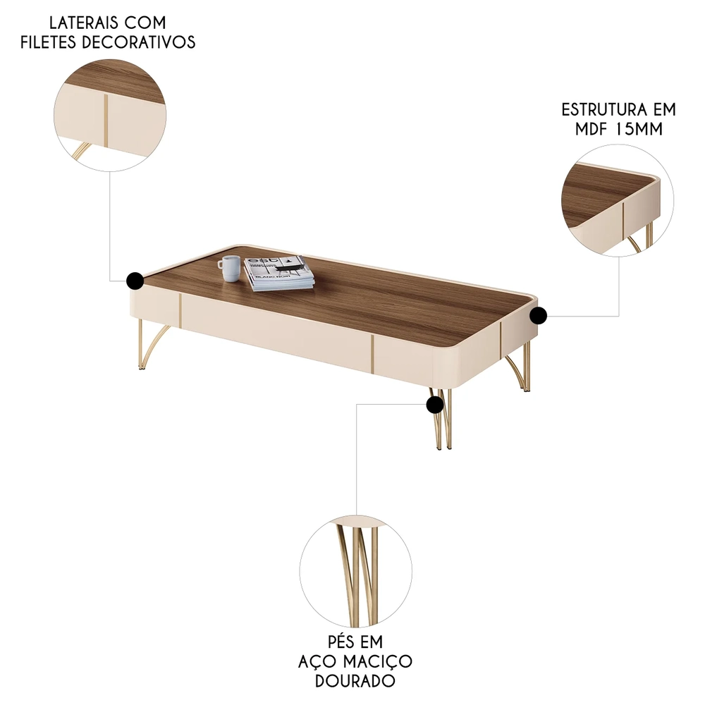 Mesa de Centro Para Sala Pés de Aço Cadenza Off/Castanho - HB Móveis