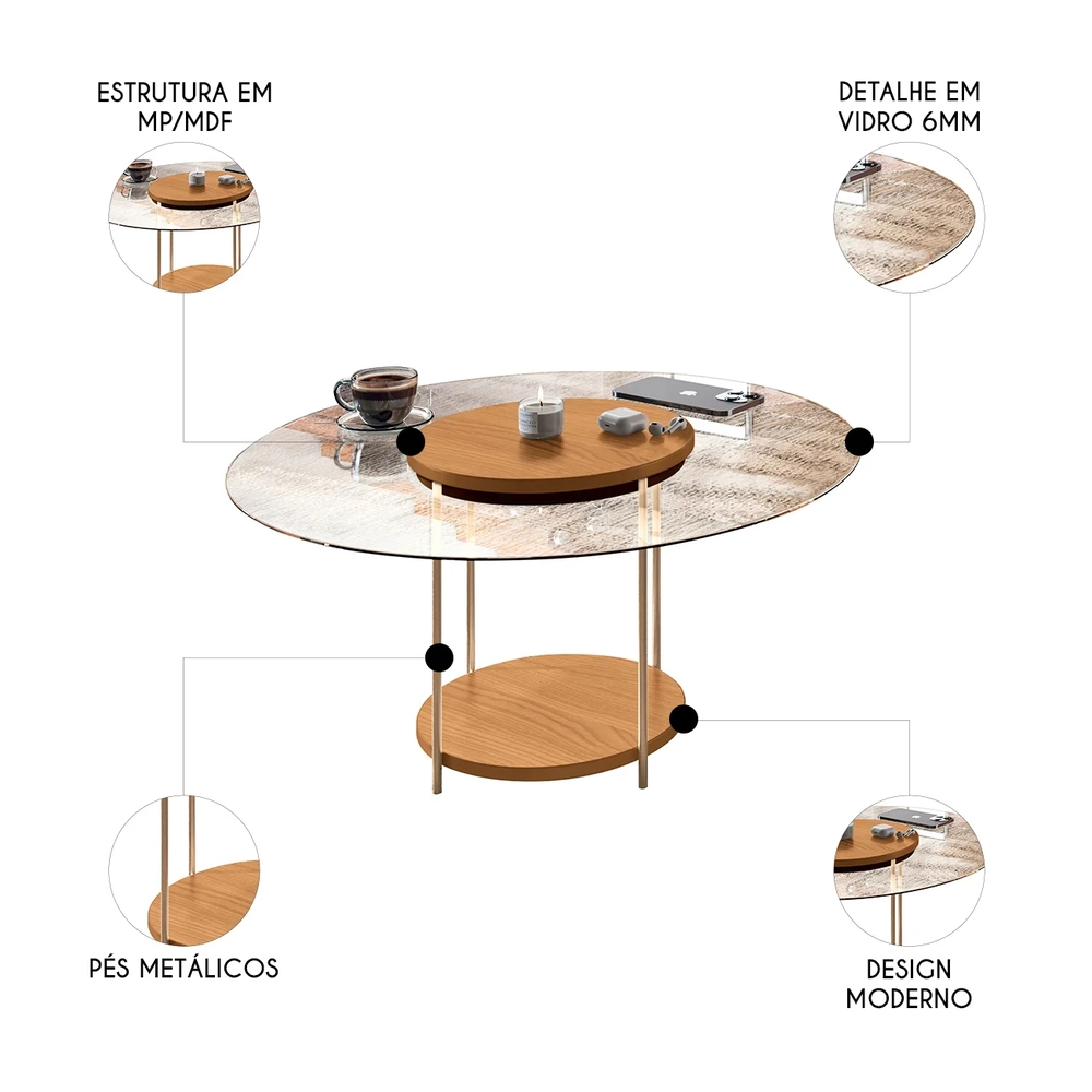 Mesa de Centro Redonda Tampo de Vidro Sky Cinamomo - HB Móveis