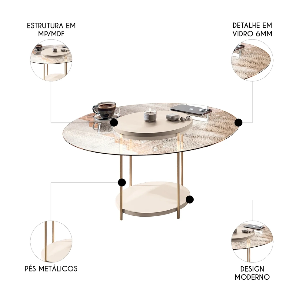 Mesa de Centro Redonda Tampo de Vidro Sky Off White - HB Móveis