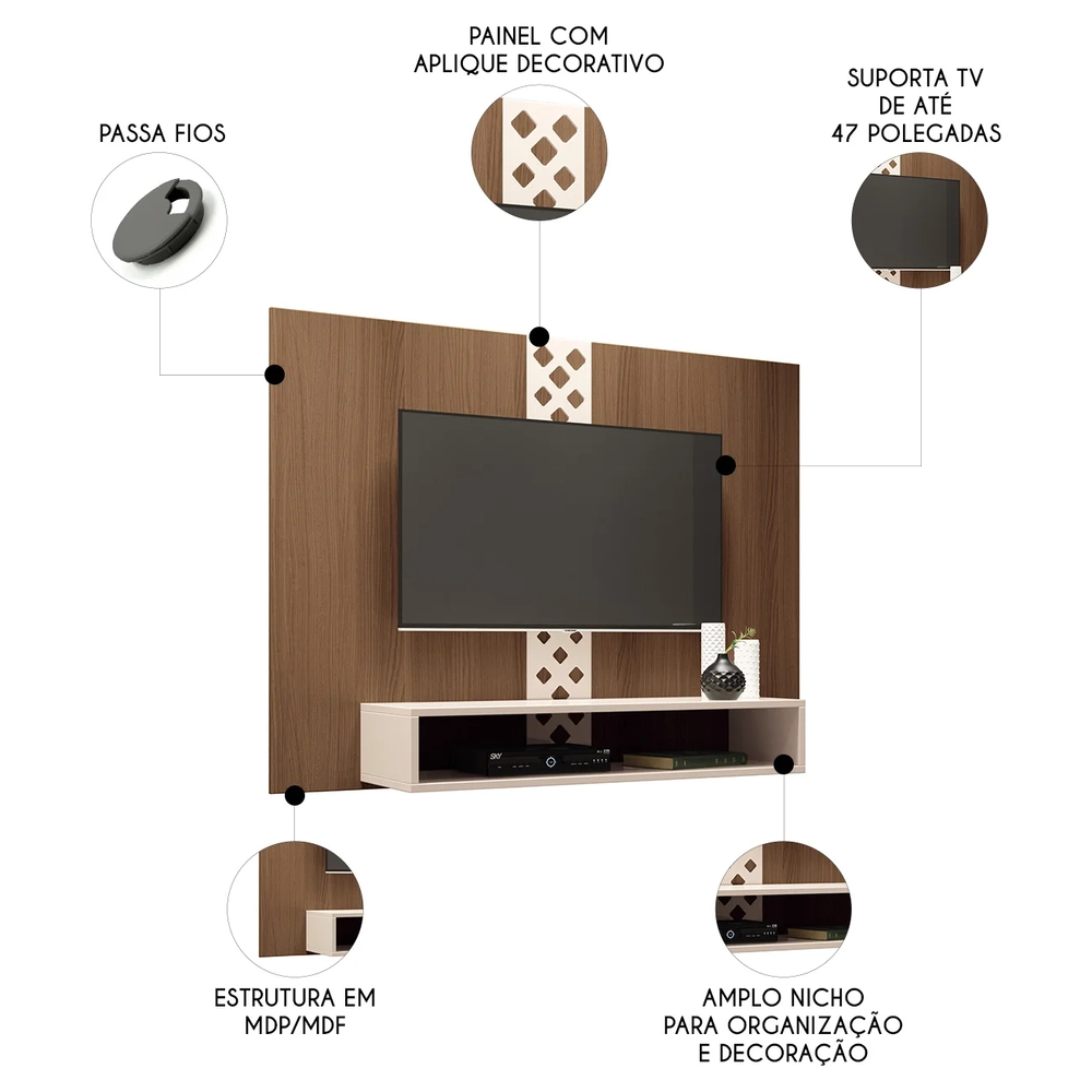 Painel TV 47 Pol 120cm Suspenso com Nicho Form Off/Castanho - HB Móveis
