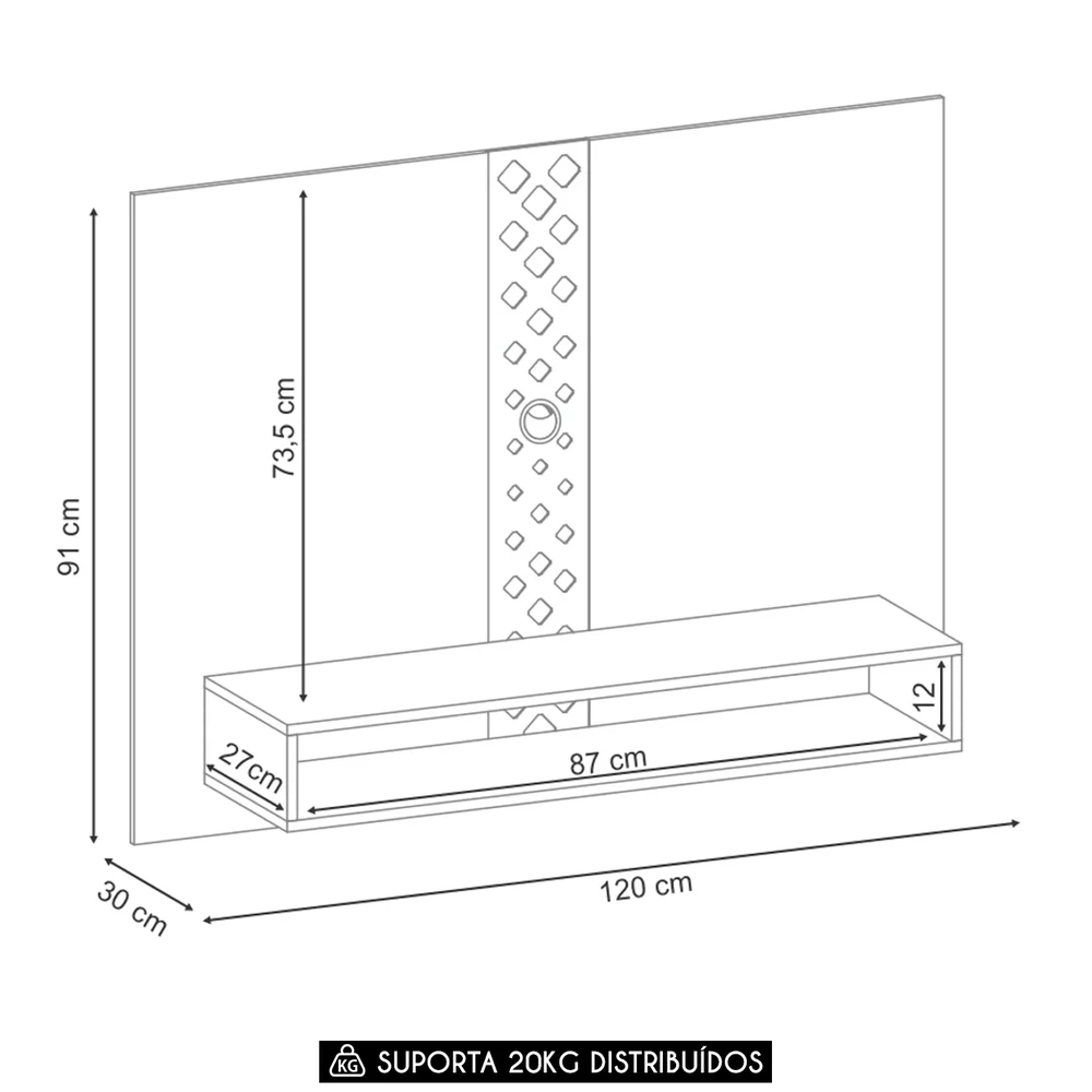 Painel TV 47 Pol 120cm Suspenso com Nicho Form Off/Castanho - HB Móveis