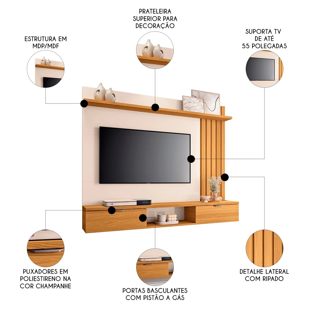 Painel TV 55 Pol 160cm Bancada Suspensa Lets Cinamomo/Off - HB Móveis