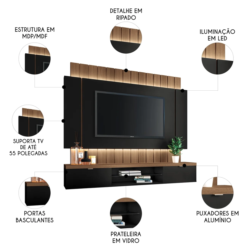 Painel TV 55 Pol 180cm Bancada Suspensa Illusion Preto/Castanho - HB Móveis