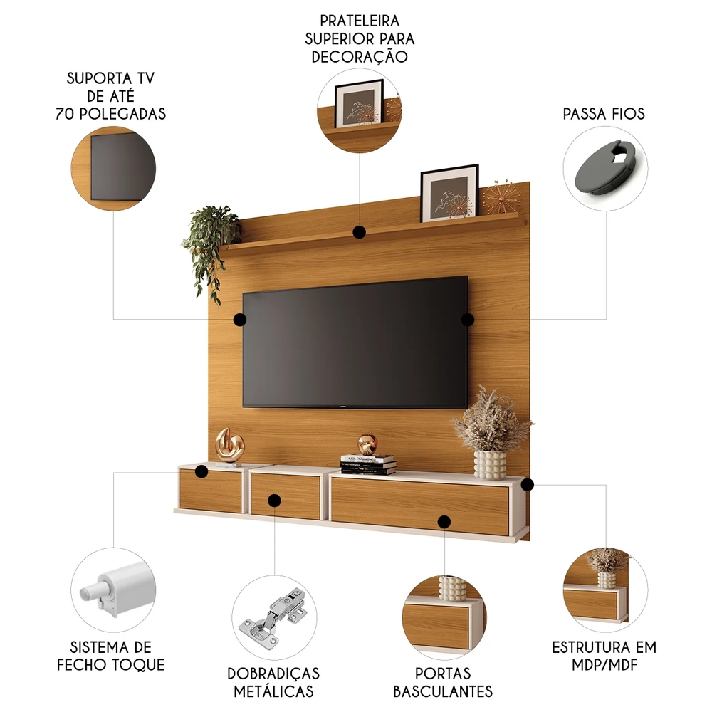 Painel TV 70 Pol 180cm Bancada Suspensa Max Off/Cinamomo - HB Móveis