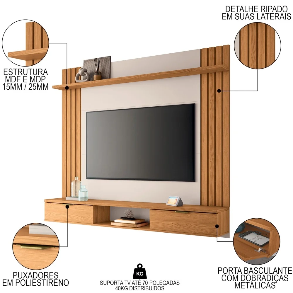 Painel TV 70 Pol 180cm Bancada Suspensa Solus Off/Cinamomo - HB Móveis