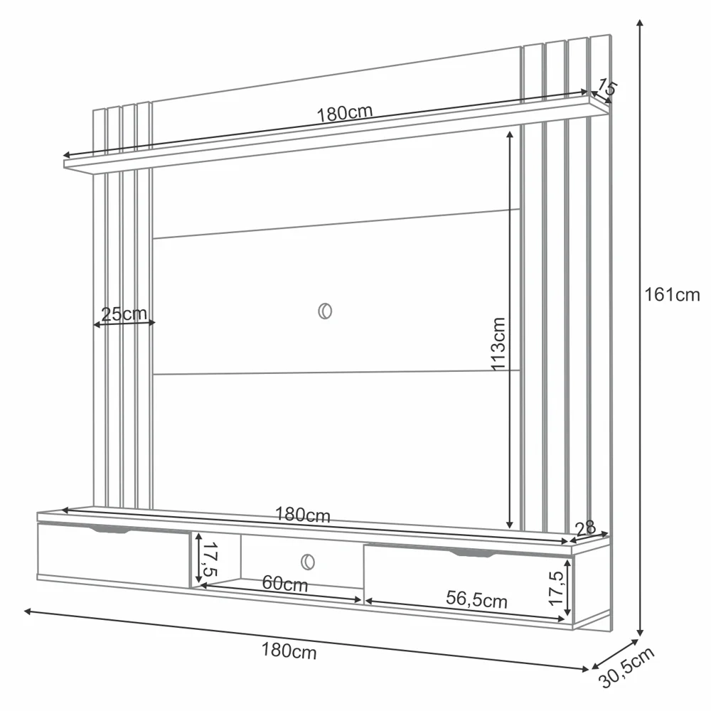 Painel TV 70 Pol 180cm Bancada Suspensa Solus Off/Cinamomo - HB Móveis