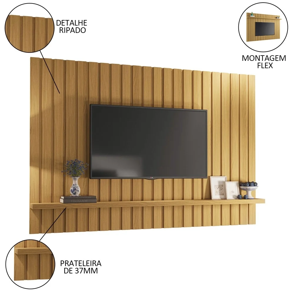 Painel TV 70 Pol 200cm Suspenso Ripado Link Cinamomo - HB Móveis