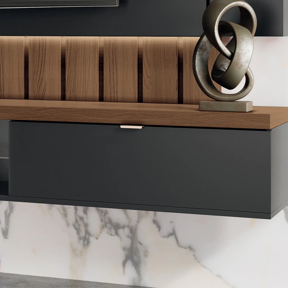 Painel TV 70 Pol 219cm Bancada Suspensa Illusion Preto/Castanho - HB Móveis