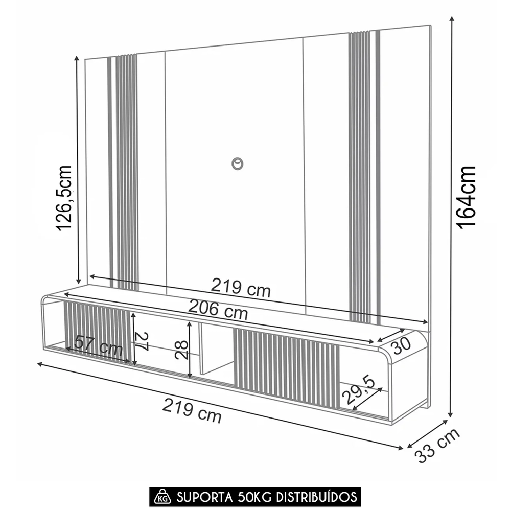 Painel TV 85 Pol 219cm Bancada Suspensa Empire Off/Castanho - HB Móveis