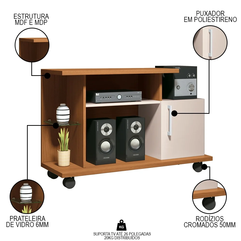 Rack Bancada de TV 26 Pol 100cm Smart Off White/Cinamomo - HB Móveis