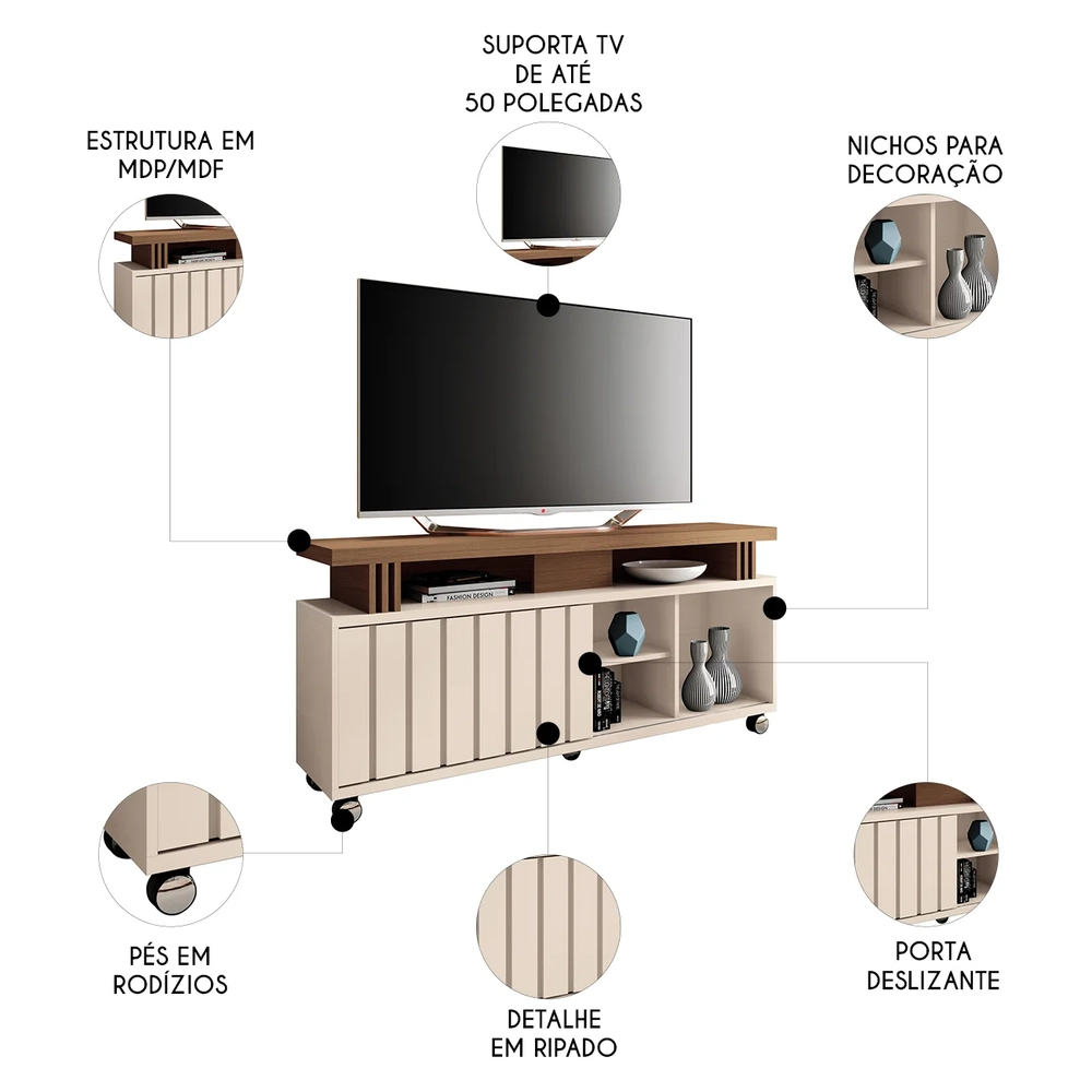 Rack Bancada de TV 50 Pol 136cm Briz Castanho/Off White - HB Móveis