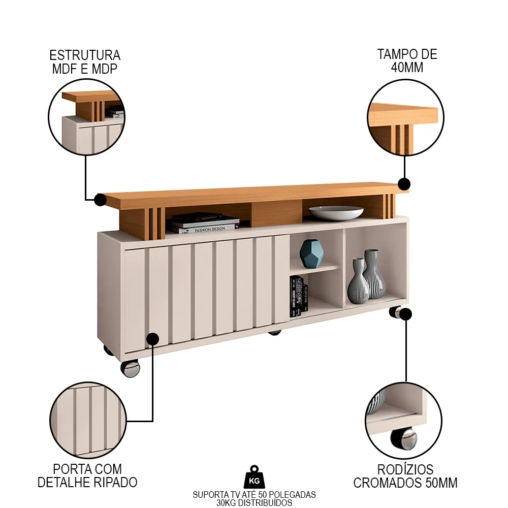 Rack Bancada de TV 50 Pol 136cm Briz Off White/Cinamomo - HB Móveis