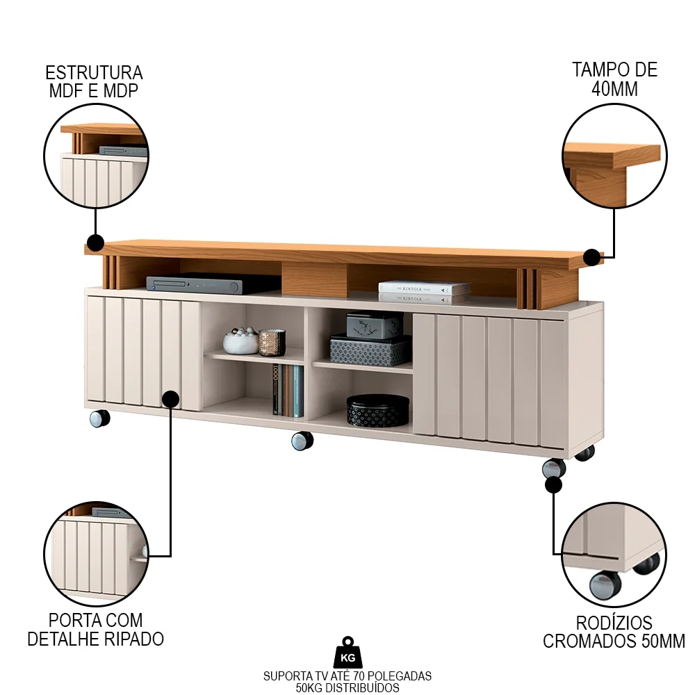 Rack Bancada de TV 70 Pol 180cm Briz Off White/Cinamomo - HB Móveis