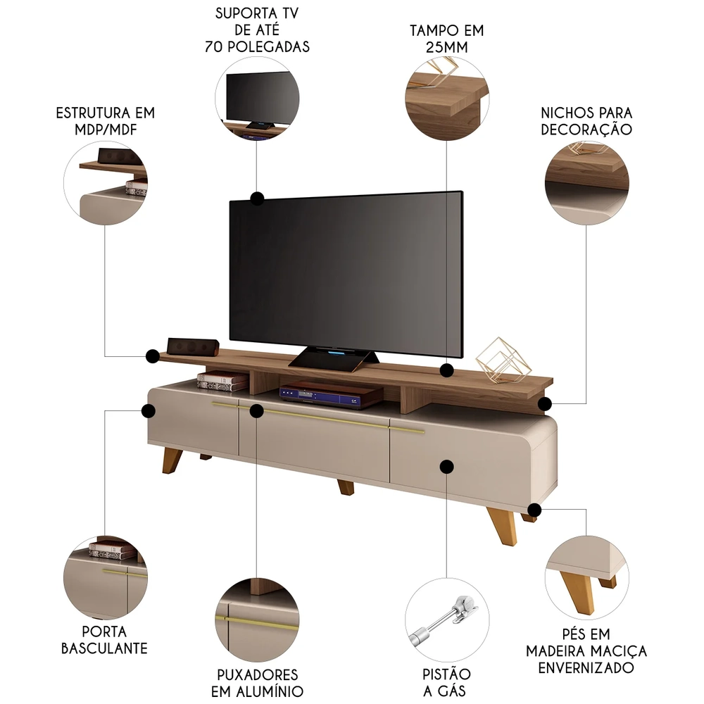Rack Bancada de TV 70 Pol 200cm Essenza Castanho/Off - HB Móveis