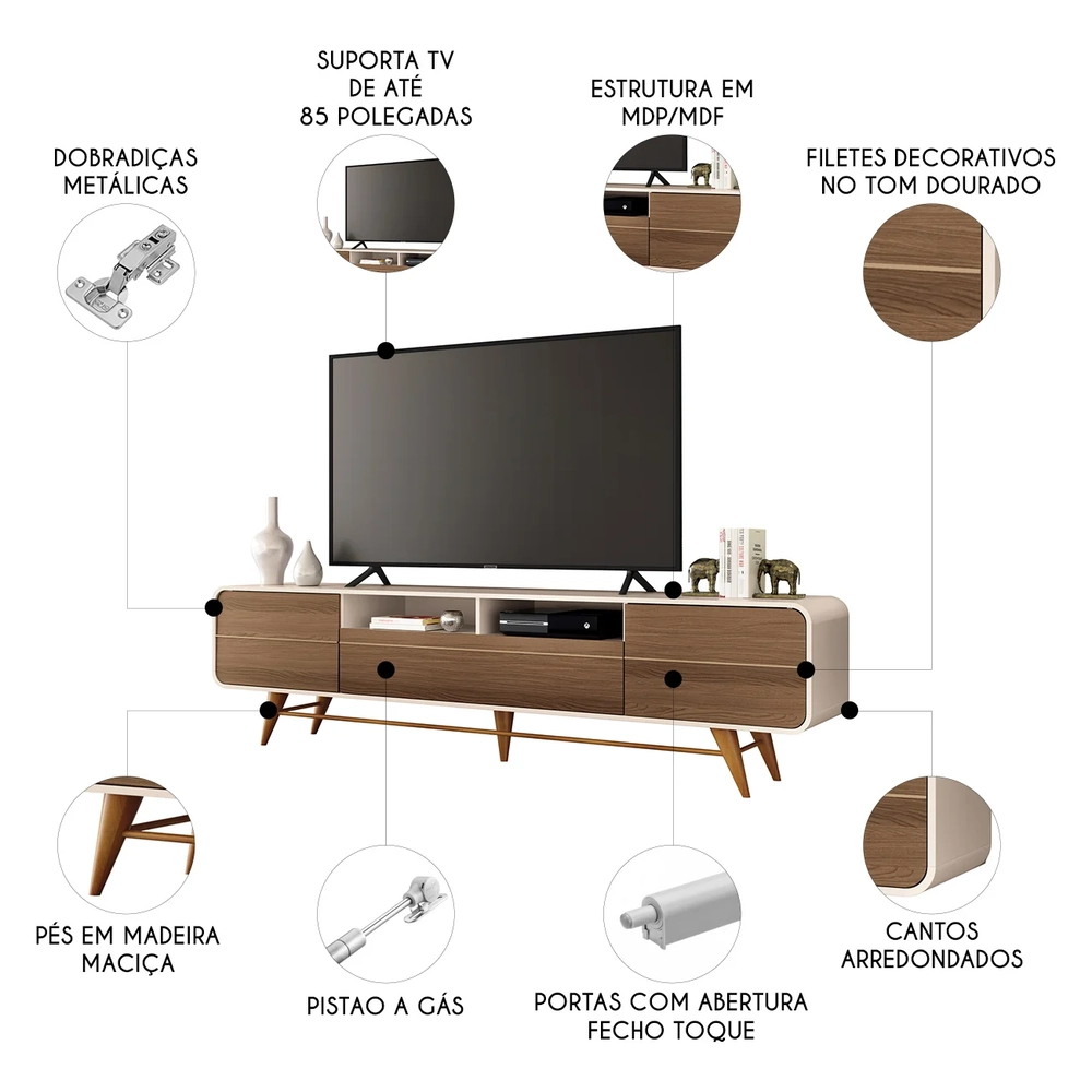 Rack Bancada de TV 85 Pol 220cm Época Castanho/Off - HB Móveis