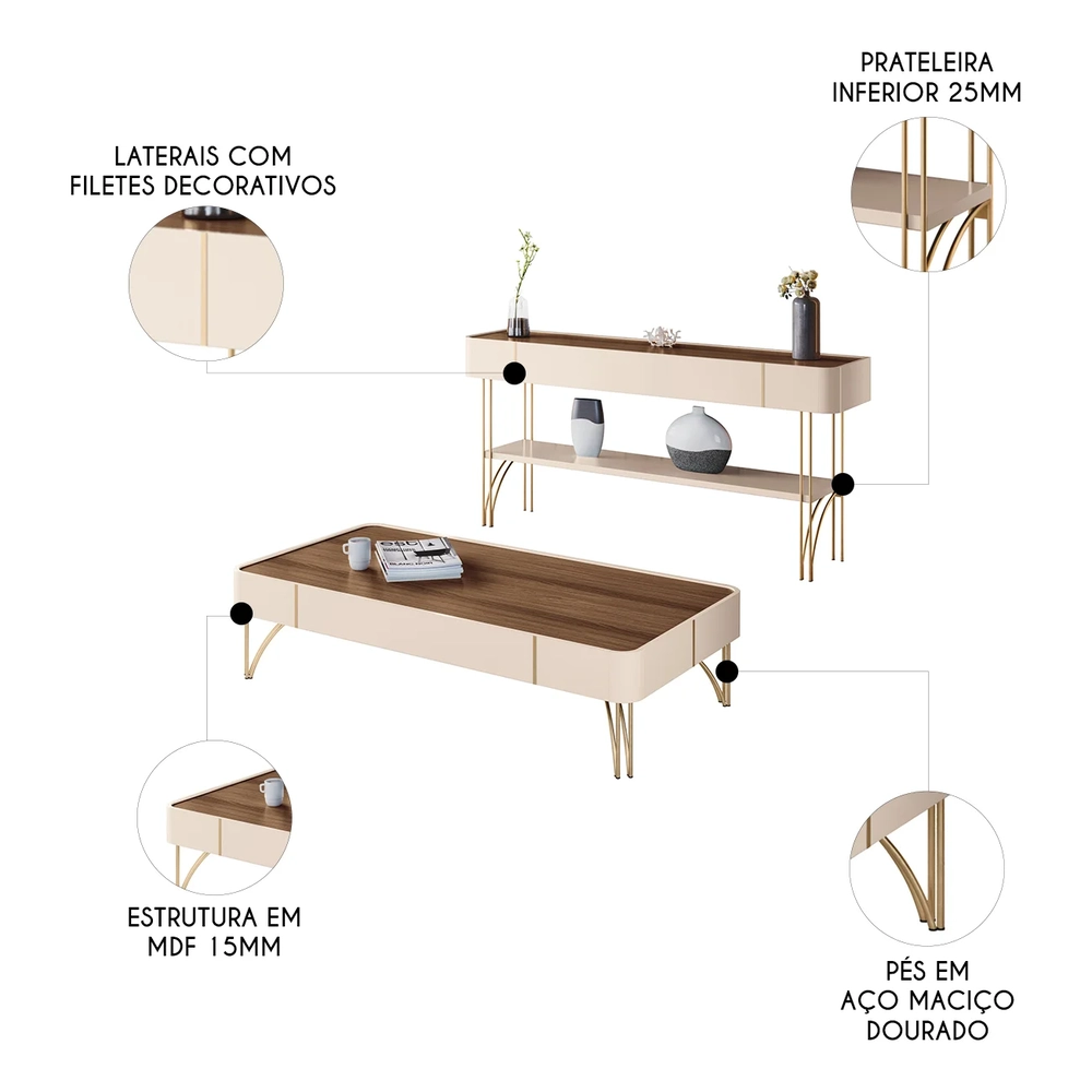 Aparador de Sala Vivant e Mesa Cadenza Off/Castanho - HB Móveis