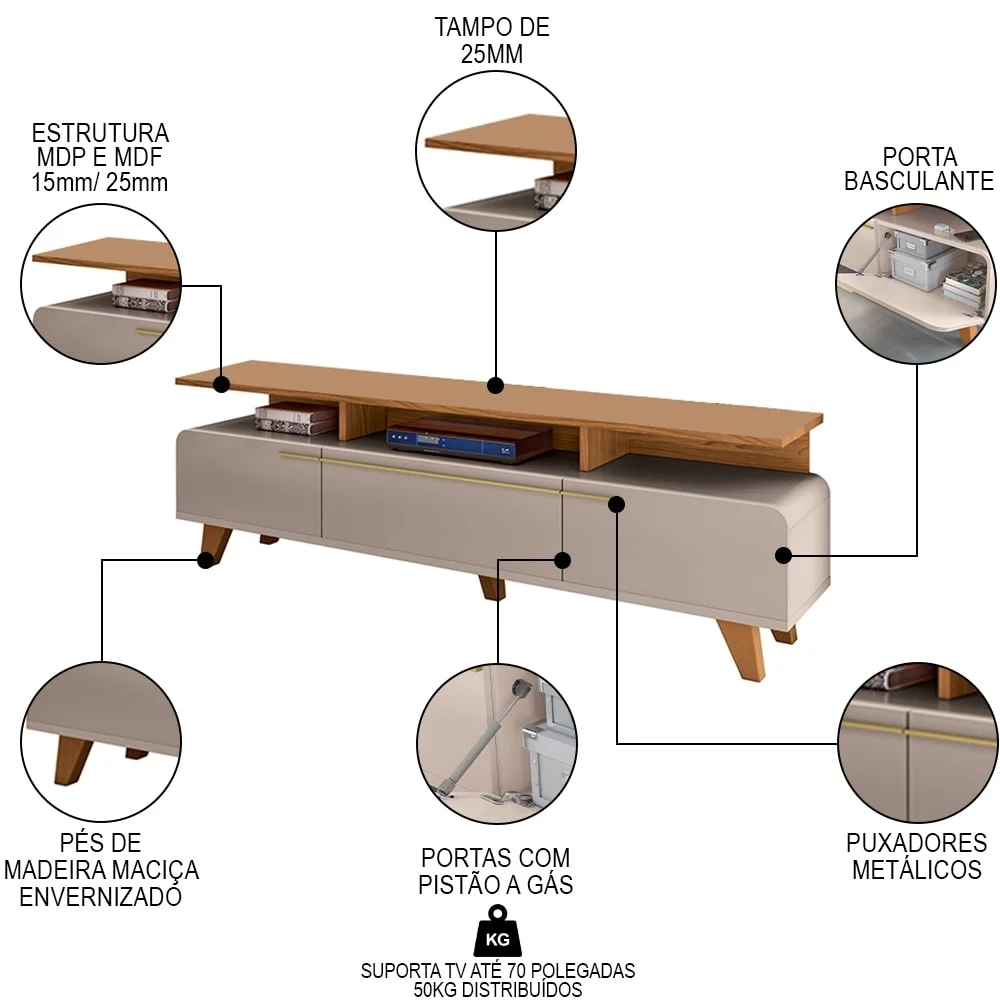 Rack Bancada de TV 70 Pol 200cm Essenza Off White/Cinamomo - HB Móveis