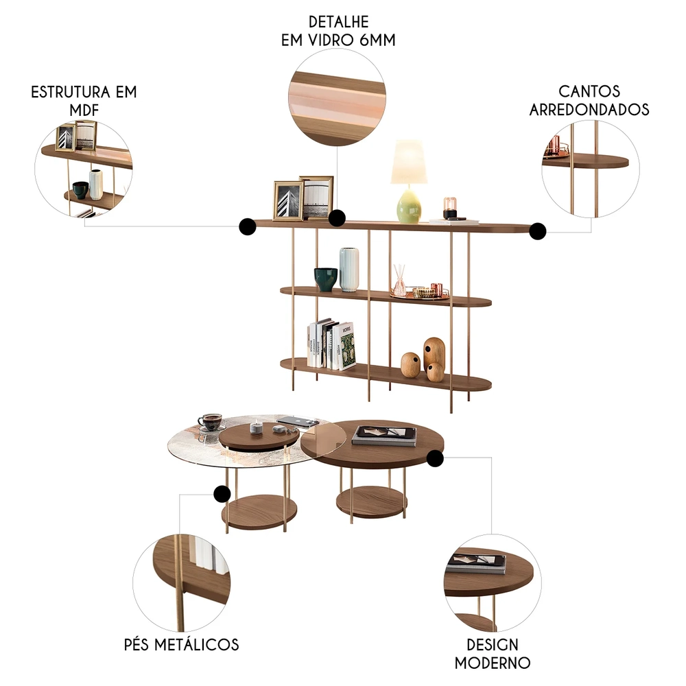 Aparador Infinity e Mesas de Centro Sky Castanho - HB Móveis
