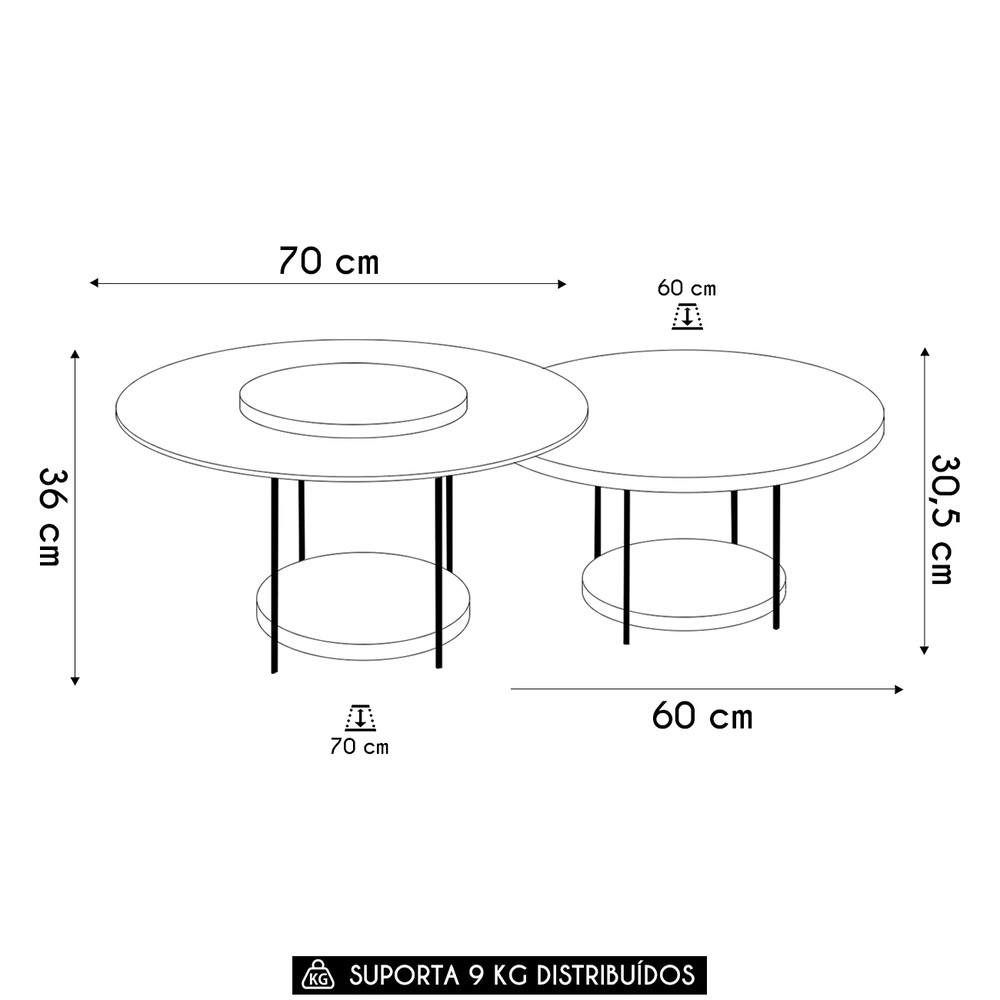 Mesa de Centro Para Sala Pés Metálicos Kit 2 Sky Castanho - HB Móveis