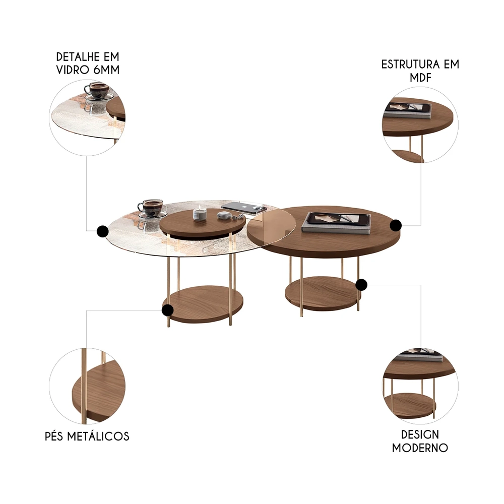 Mesa de Centro Para Sala Pés Metálicos Kit 2 Sky Castanho - HB Móveis